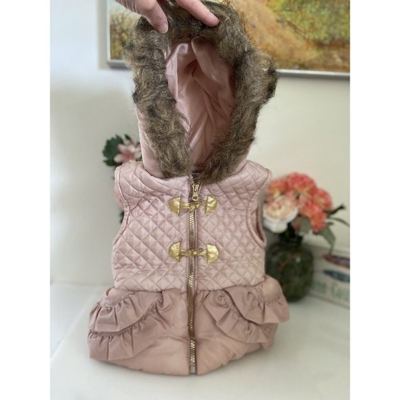Little Lass Light Pink Puffer Vest Girls 2T Faux Fur Trimmed Hoodie Full Zip EUC - Picture 2 of 16
